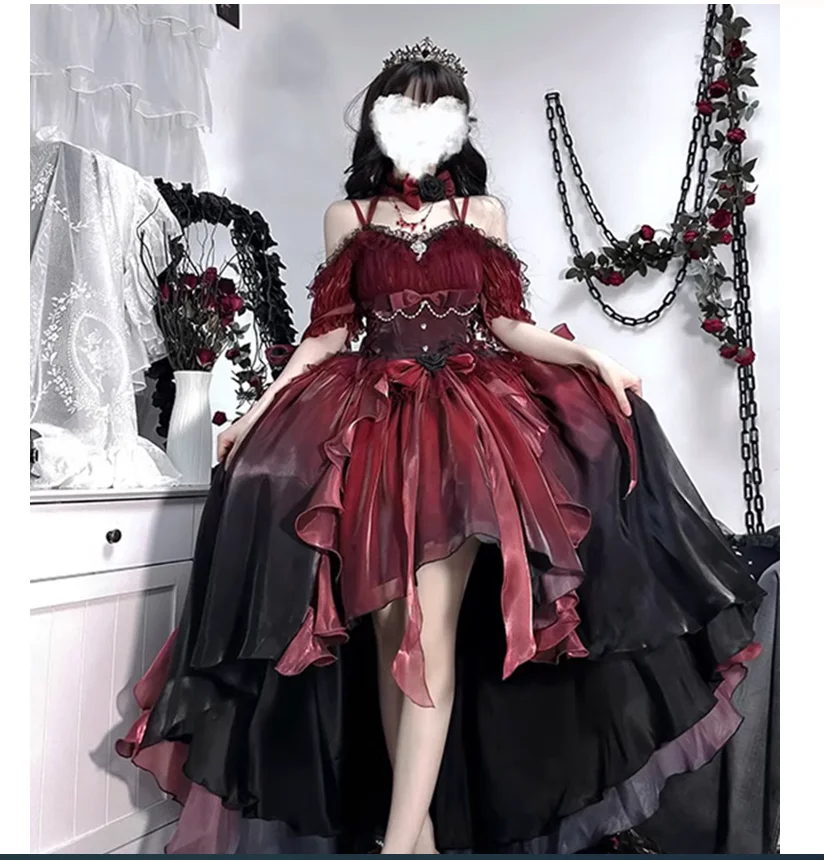 

Black red gradient front short back long floral wedding dress lolita dress