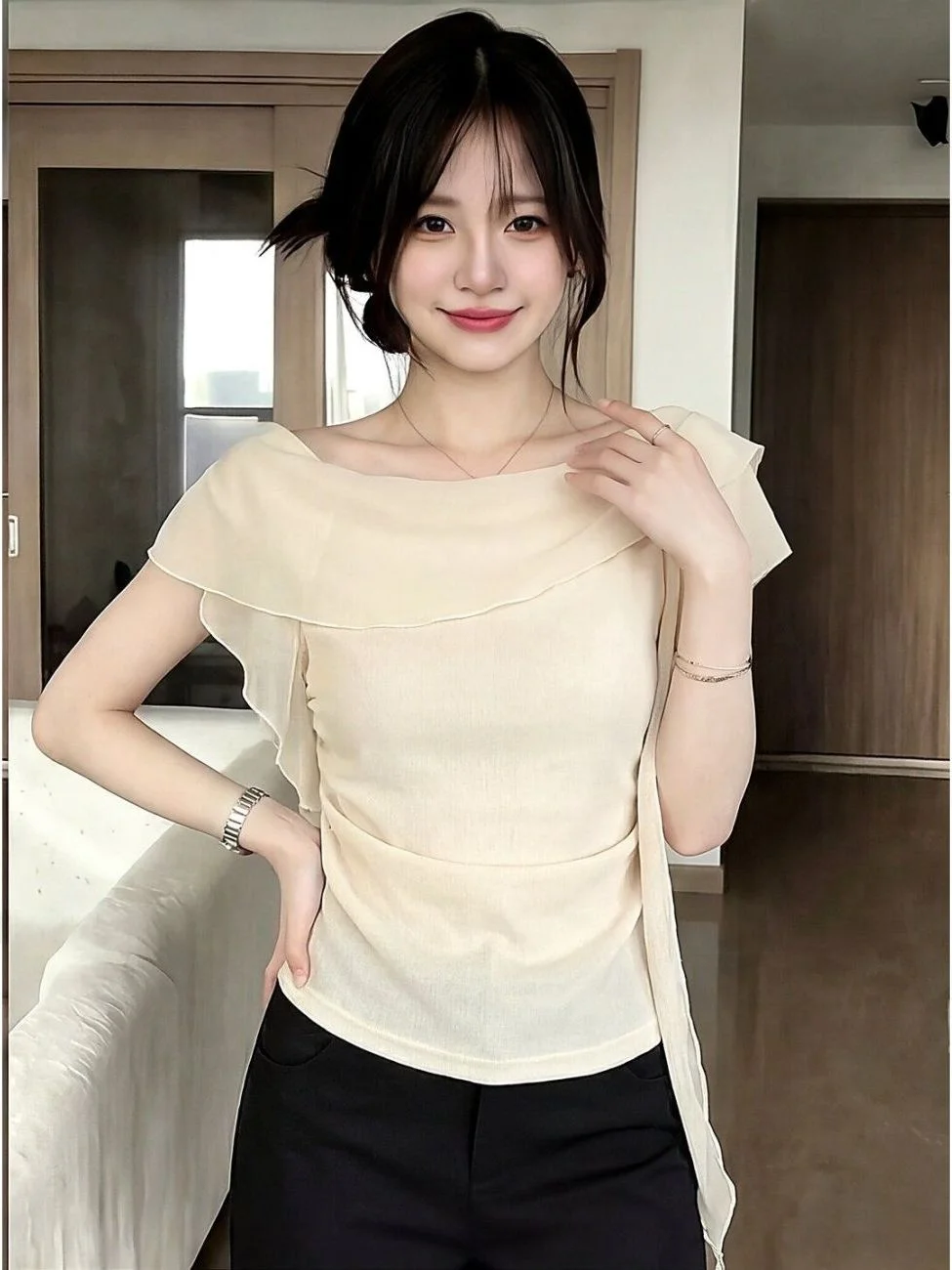 Chic Yellow Sash One-Shoulder T-Shirt Women's Summer Slimming Design Korean Style Commute Thin  Detail Top