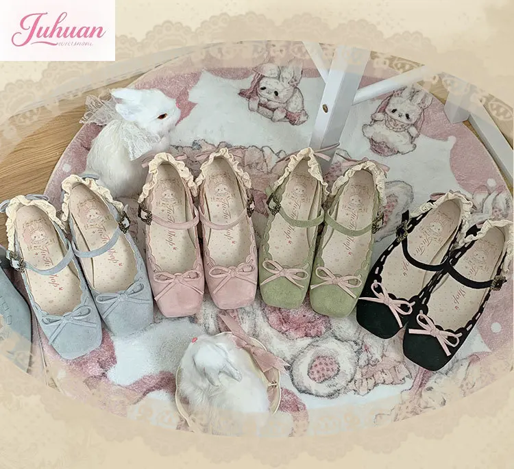 

Japanese Retro Elegant Rococo French Square Head Lolita Bow Frilly High Heels Women's Sweet Suede Mary Jane Single Shoes Female