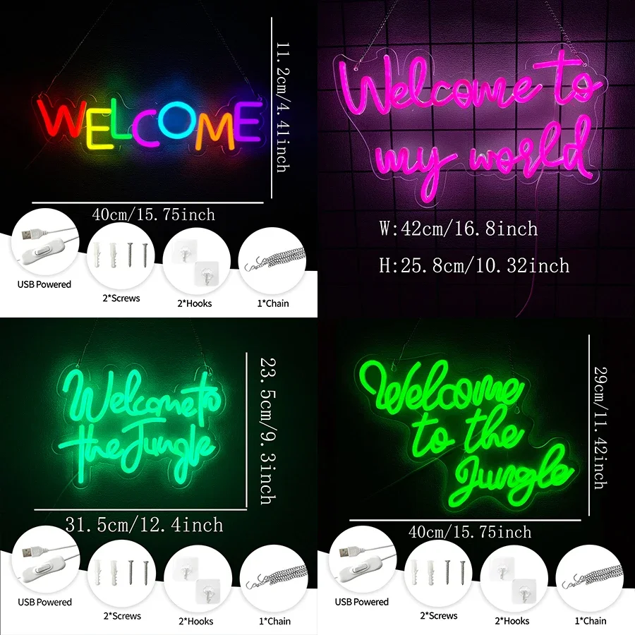 Welcome to The Jungle LED Green Neon Lights Sign for Wall Decor，Garden Home Porch Store Christmas Living Room Bar Decoration.