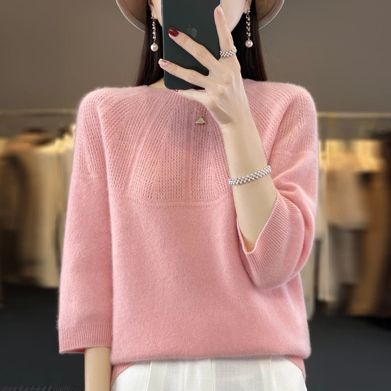 Spring and autumn new 100% pure sweater ladies cropped sleeves O-neck solid color high-end hollow cashmere knit pullover