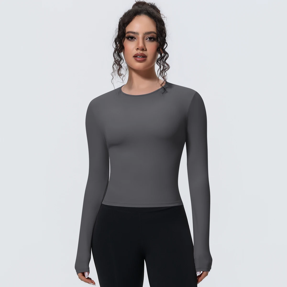 1 Stück Schlankes Casual Sommer Yoga Langarm-Oberteil für Damen, Fitness-Sport-Laufshirt mit Schnelltrocknung, Einfarbiges Trainingsshirt – Detail 34