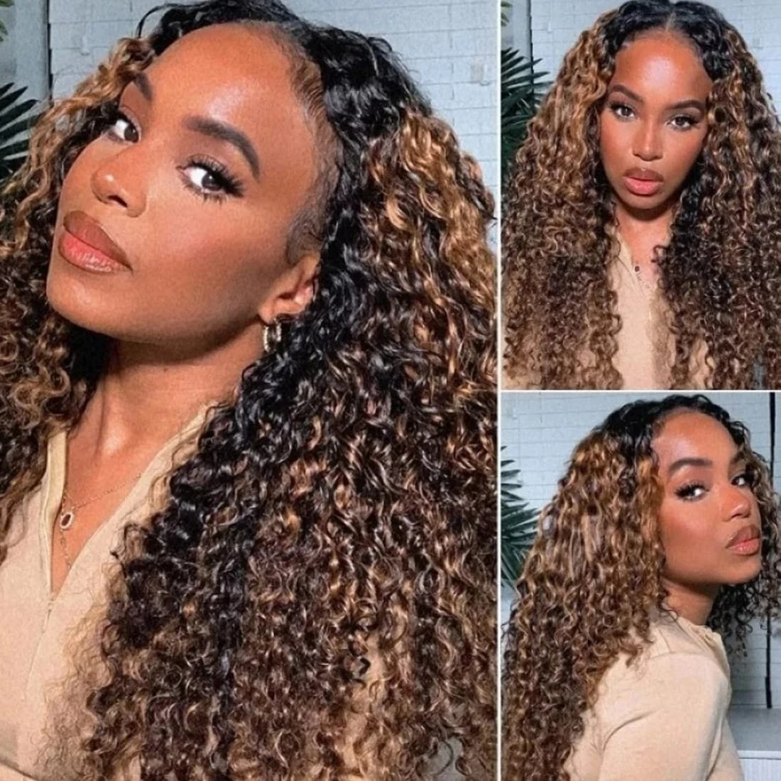 Highlight Curly Wig V Part Curly Human Hair Wigs For Black Women Brazilian Virgin Hair Wig No Leave Out No Sew In 250%