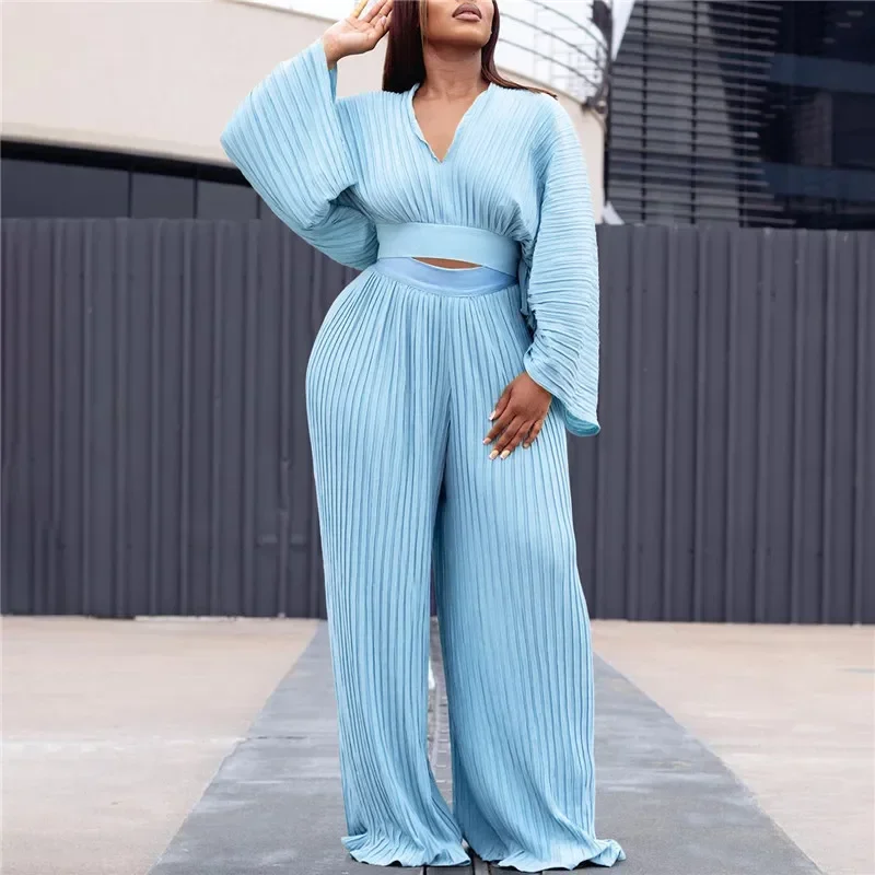 Africa Fashion Women 2pc Long Pants Sets Long Sleeve Pleated V-neck Top&high Waist Wide Leg Pants 2 Piece Sets Loose Suits