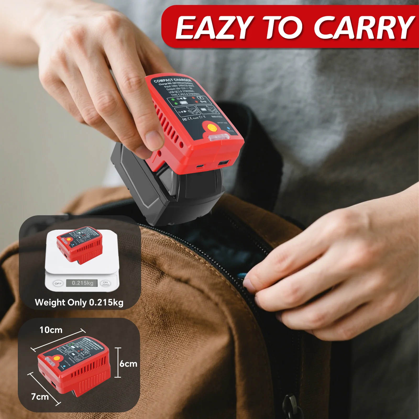 شاحن بطارية لميلووكي بطارية 18 فولت 2 في 1 شاحن هاتف محمول محول الطاقة مع منفذ إخراج USB وType-C (بدون بطارية)