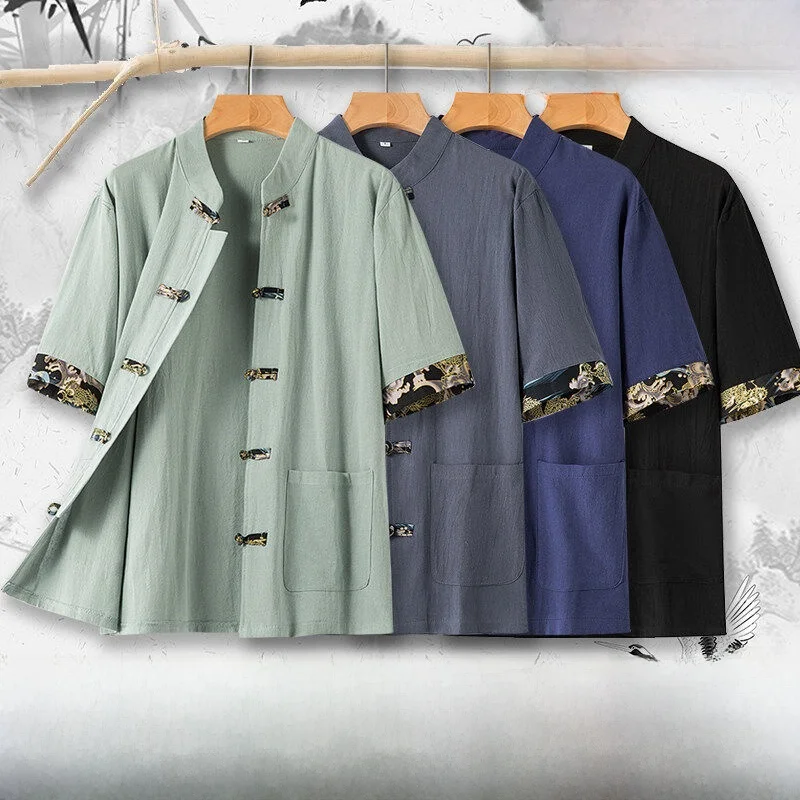 

Summer Mens Casual Cotton Linen Short Sleeve Shirt Thin Style Retro Chinese Collar Half Sleeve Standard Fit Daily Wear Pure C...