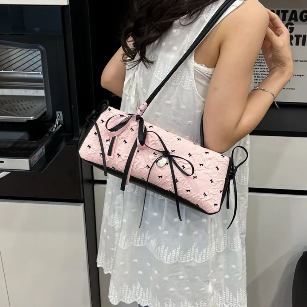 

All Match French Bow Ribbon Shoulder Bag Y2K Commuting French Stick Underarm Bag Zipper Leisure Armpit Bag Handbag