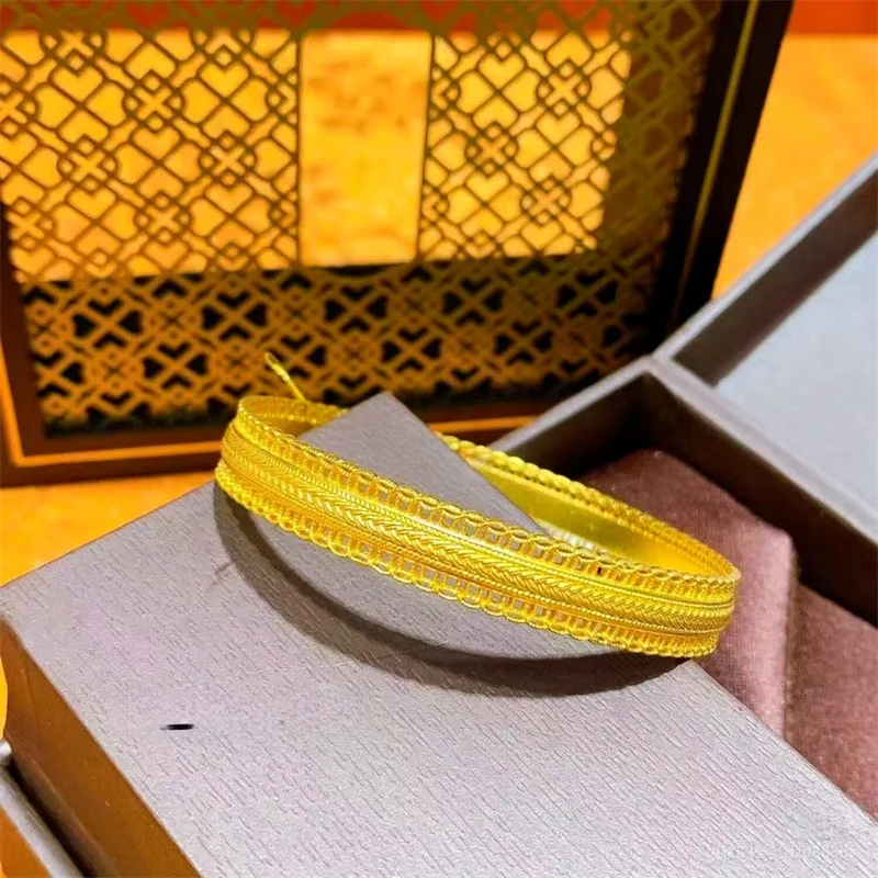 14K Gold Plated Stainless Steel Hollow Filigree Bangle, Ladies Exquisite Wheat‑Grain Carved Prosperity‑Symbol Daily Jewelry