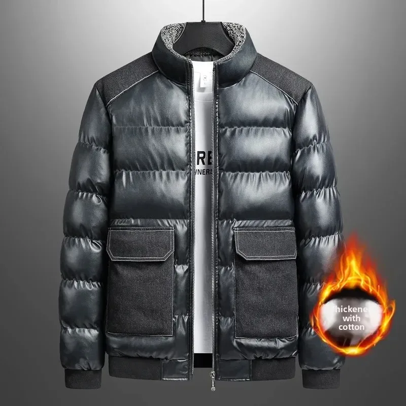 

Men's Thickened Stand Collar Jacket Large Pocket Warm Leather Cotton Coat Trendy Brand Men's Biker Jacket Loose Fit Style