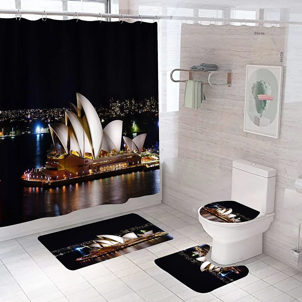 City Landscape of Sydney Bathroom Shower Curtain Sets Rug Bath Mat Toilet Cover Waterproof Fabric Building Bridge Baths Curtains