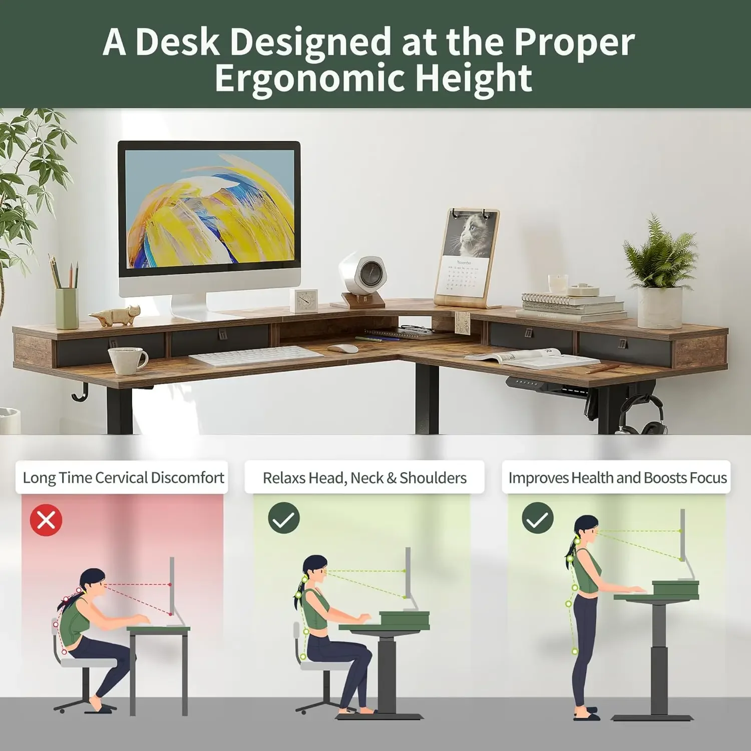 FEZIBO 63" L Shaped Standing Desk with 4 Drawers, Electric Standing Gaming Desk Adjustable Height, Corner Stand up Desk with Spl