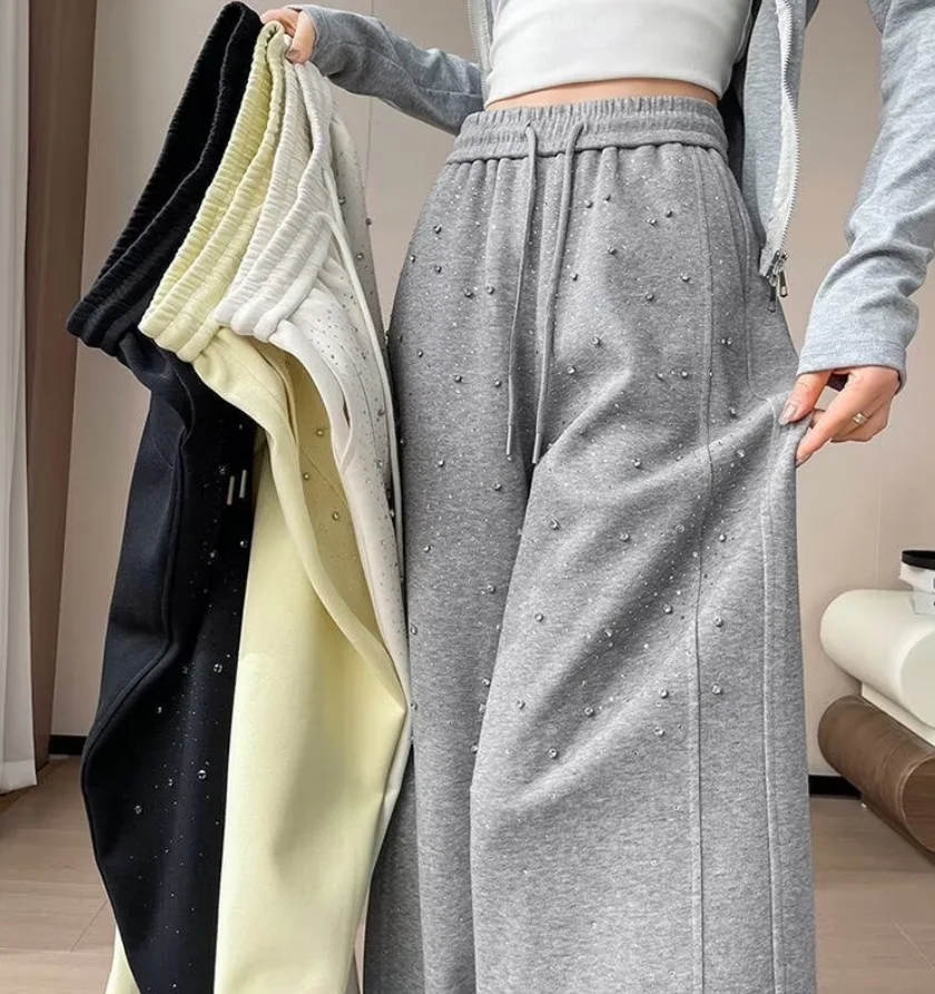 

New 2026 Spring Women Straight Diamonds Pants Stretch High Waist Washed Mom Jeans Y2k Streetwear Trousers Vintage Streetwear