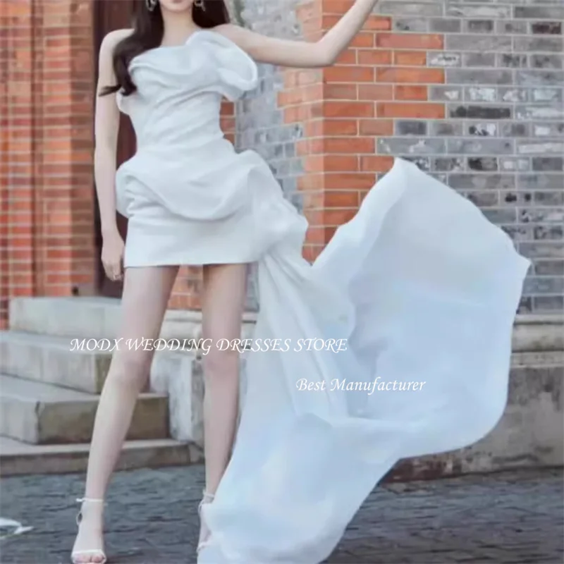MODX Sexy Mini Wedding Party Dresses Korea Photo Shoot Pleats Strapless Bride Gowns Corset Back Evening Formal Dress