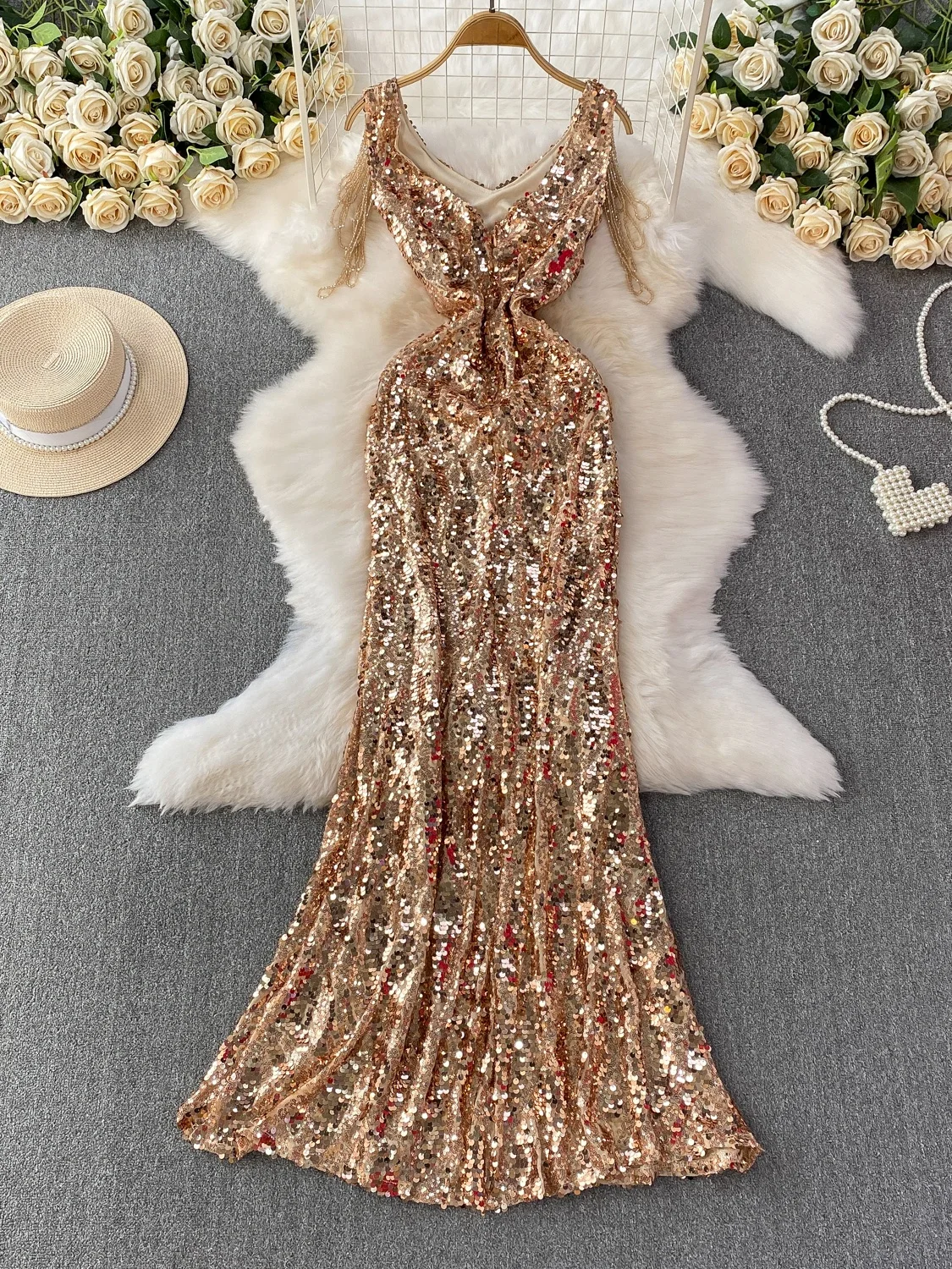 우아한 v 넥 스팽글 드레스 여성 하이 웨이스트 a 라인 스커트 민소매 반짝 이는 패브릭 여름 통근 공식 행사 드레스