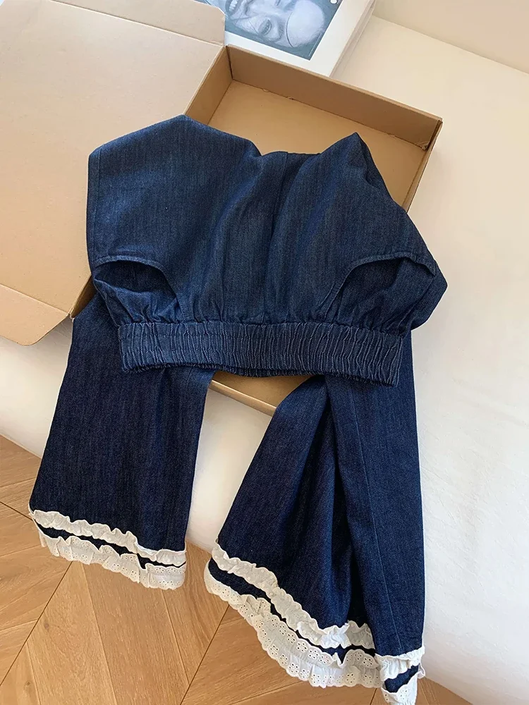 عميق الأزرق الدانتيل المرقعة واسعة الساق الجينز مرونة الخصر فضفاضة عادية مستقيم السراويل الربيع الصيف الكورية نمط الدنيم السراويل