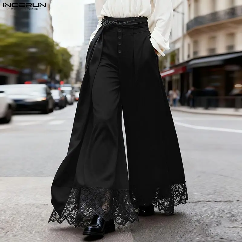 INCERUN Men Pants Lace Patchwork Button Casual Wide Leg Trousers Men With Belt Streetwear Loose Fashion Male Long Pants 2026
