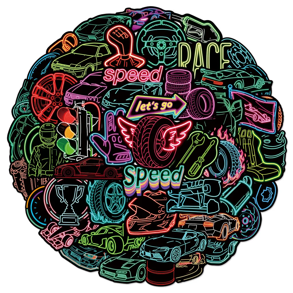 50 Pcs Neon Racing Graffiti Stickers - DIY Decor for Luggage, Scooters, Refrigerators Cars Motorcycle Helmets AnimeWorlds Store