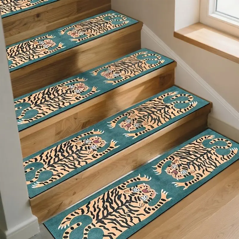 VIKAMA Soft Plush Stair Treads Anti Slip Step Mat Teal Cartoon Tiger Print Staircase Carpet Washable for Stairs Home Decor