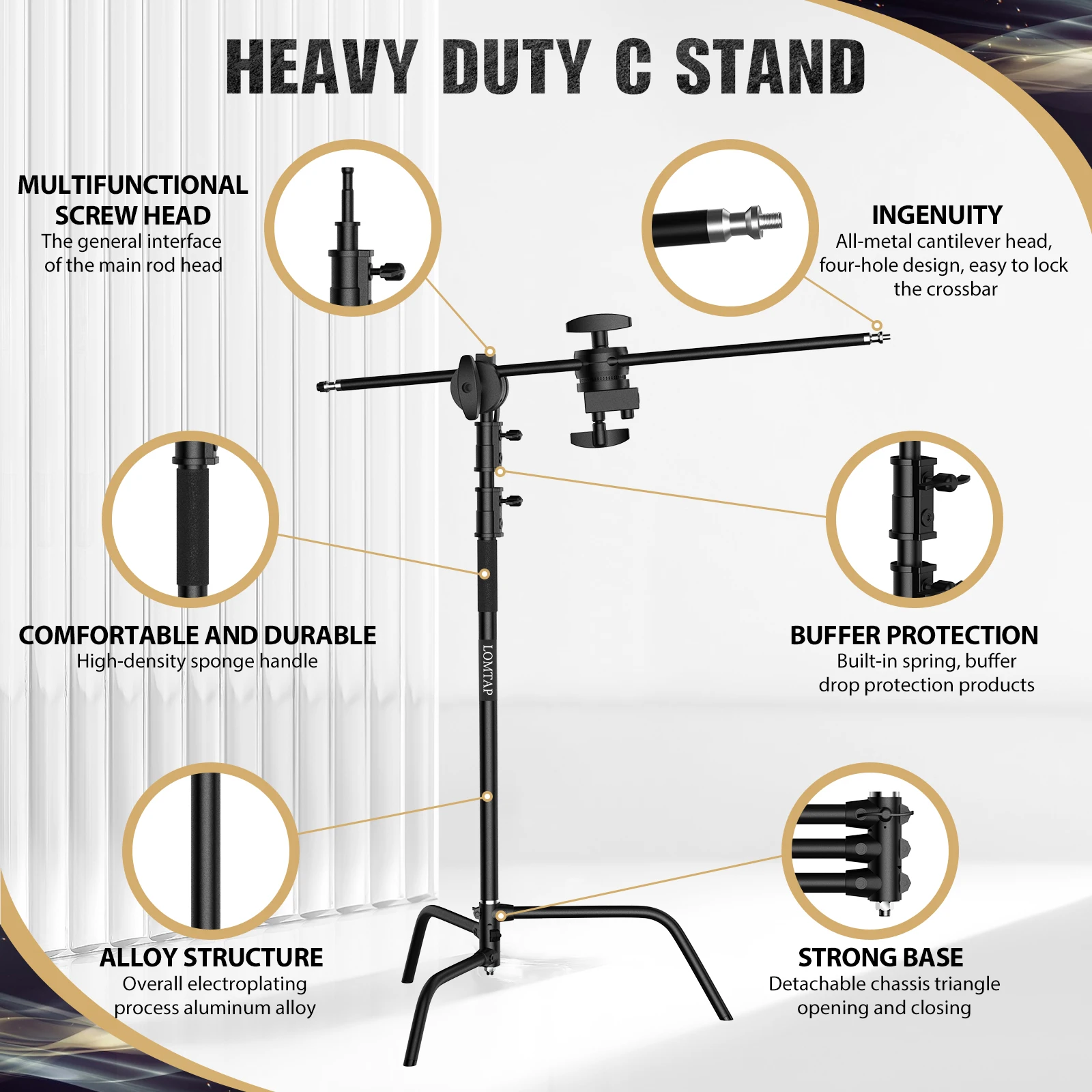 Foldable Light Stand Black C Stand Stainless Steel Tripod Magic Leg Photography C-Stand For Spot Light,Softbox SH 2.6M/3.3M