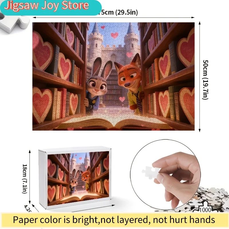 2D Flat, 1000pcs Disney Zootopia Judy Nick Bookcase Puzzle | Heart Books Castle, Valentine'S Day Romantic Gift, Cute Decor for