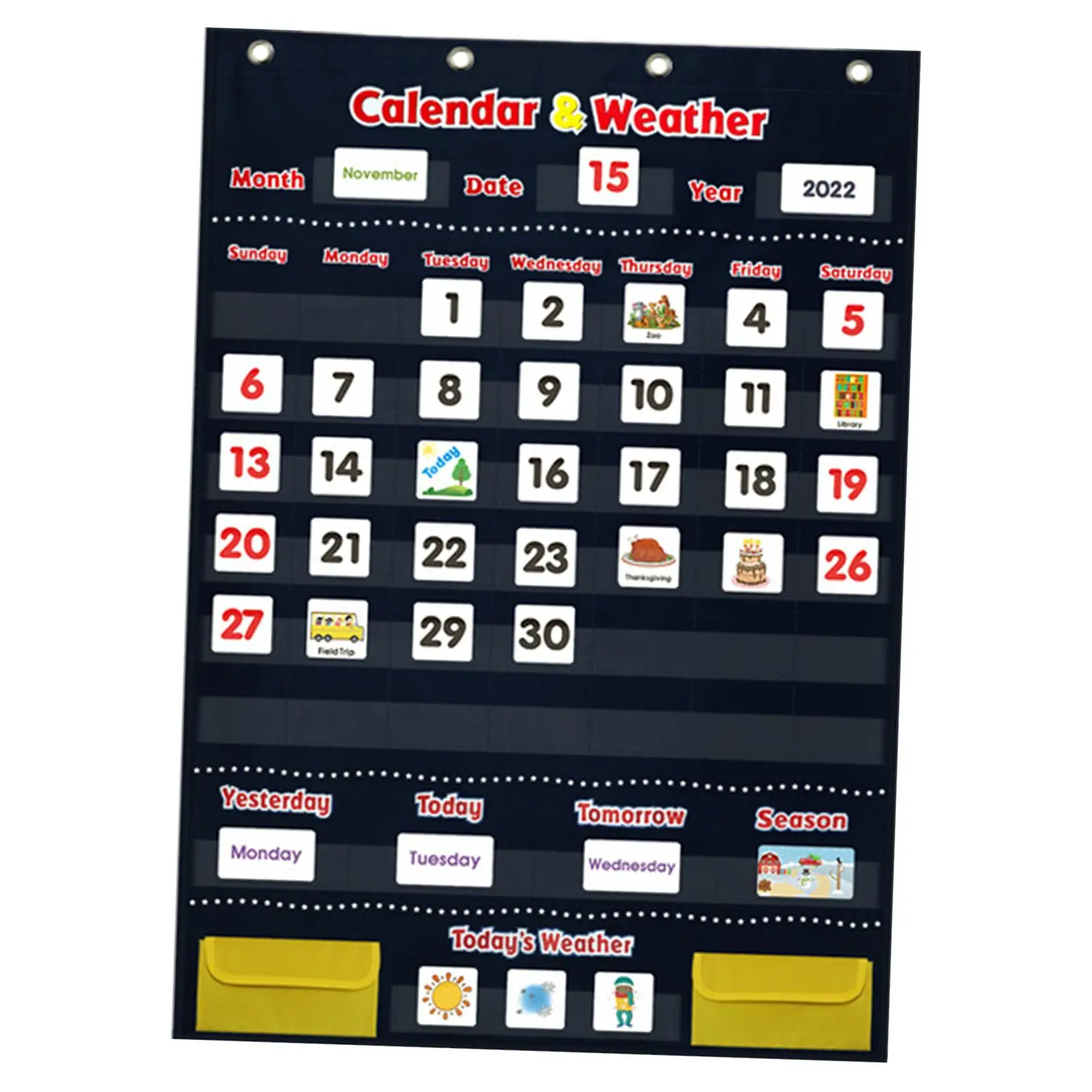 Calendario per bambini e giocattoli educativi meteorologici e calendario da parete a 4 ganci Calendario da 44x27" per la scuola materna a casa