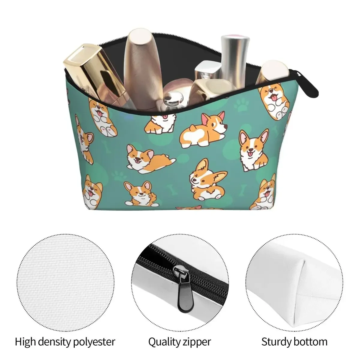 Corgi Puppy Fun - Green Women Cosmetic Bag Travel Makeup Organizer Pouch Toiletry Storage Dopp Kit Box