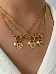 Peri'sbox 2025 New Hot Selling Stainless Steel Hollow Out Circular 26 Letter Natural Freshwater Pearl Pendant Necklace for Women