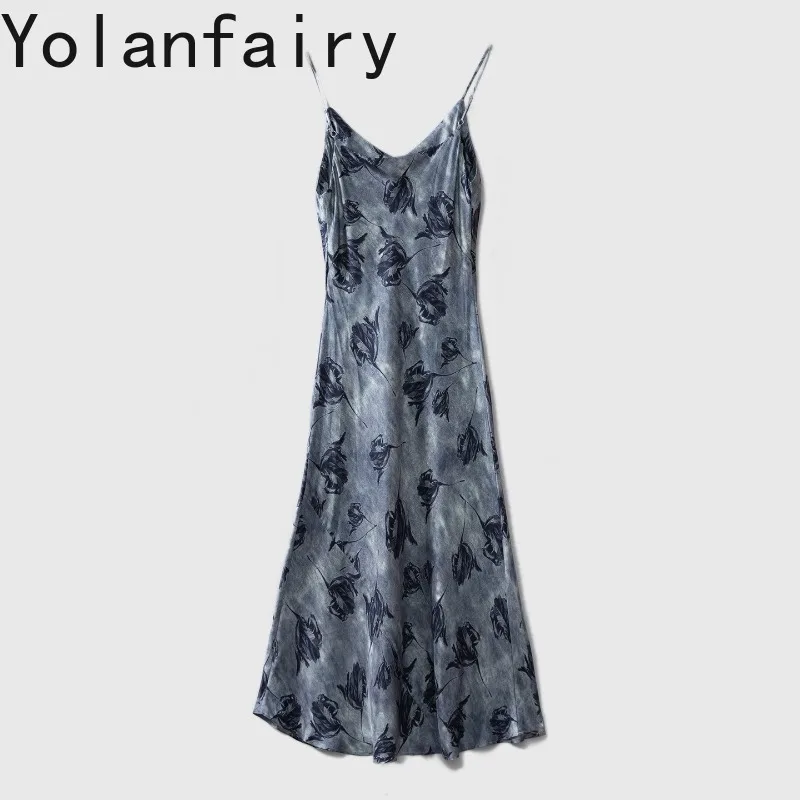 YOLANFAIRY 100% Real Mulberry Silk Dresses Elegant Printed Woman Summer Dresses Spaghetti Strap Maxi Dress 45° Bias Cut Платье