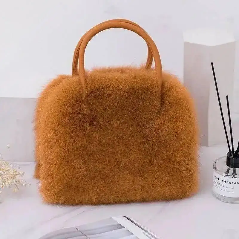 Winter Women Fox Fur Handbags Genuine Cowhide Hard Handle Handbag Full-pelt Red Fur Shoulder Luxury Evening Fashion Bags Tote