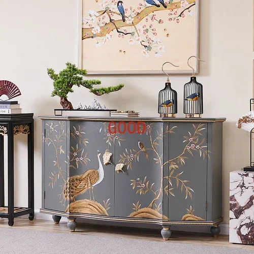 French Style Modern Light Luxury New Chinese Style Painted Peacock Entrance Foyer Sideboard Cabinet