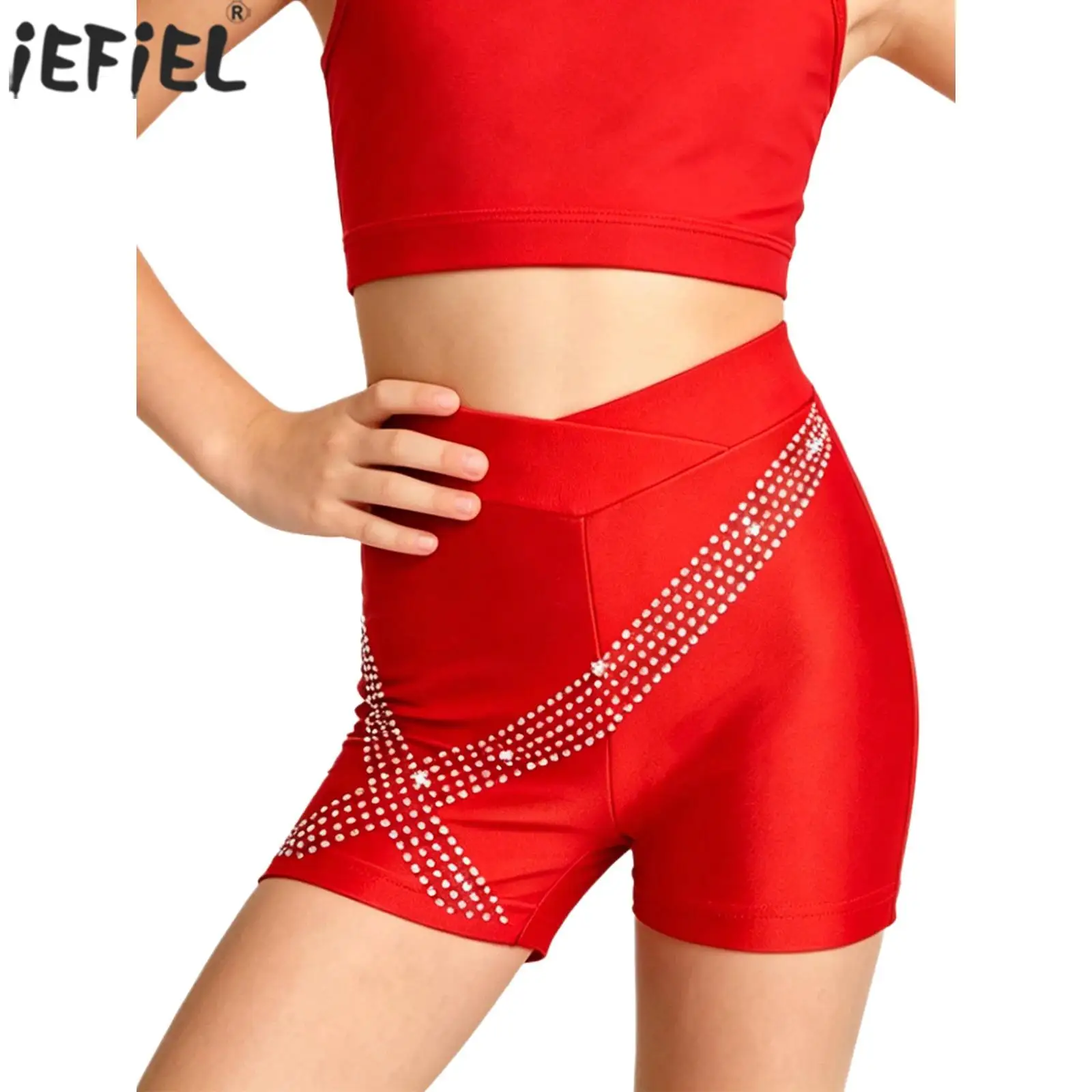 Kids Girls Ballet Dance Gymnastics Shorts Shiny Rhinestones Elastic Waistband Athletic Shorts for Cheerleading Figure Skating
