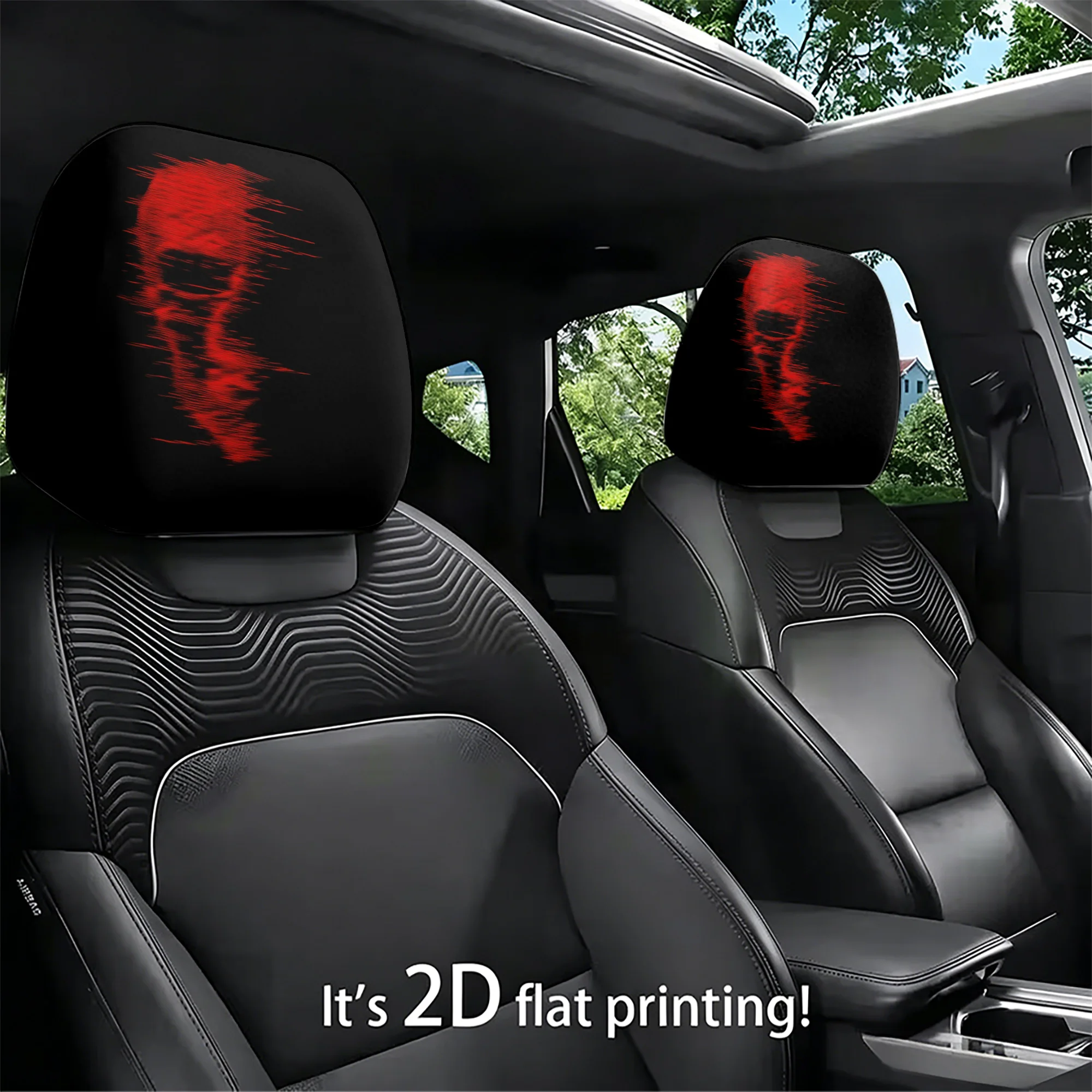 2pcs red, retro-style skull car headrest covers, giving your car a bold and avant-garde look. Does not include filling. Easy to