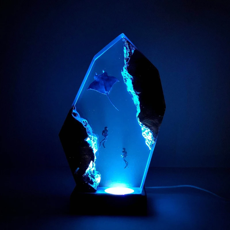 Mar mundo organismo resina mesa luz, arte criativa decoração lâmpada, manta raios, água-viva divers tema, luz noturna, carga usb