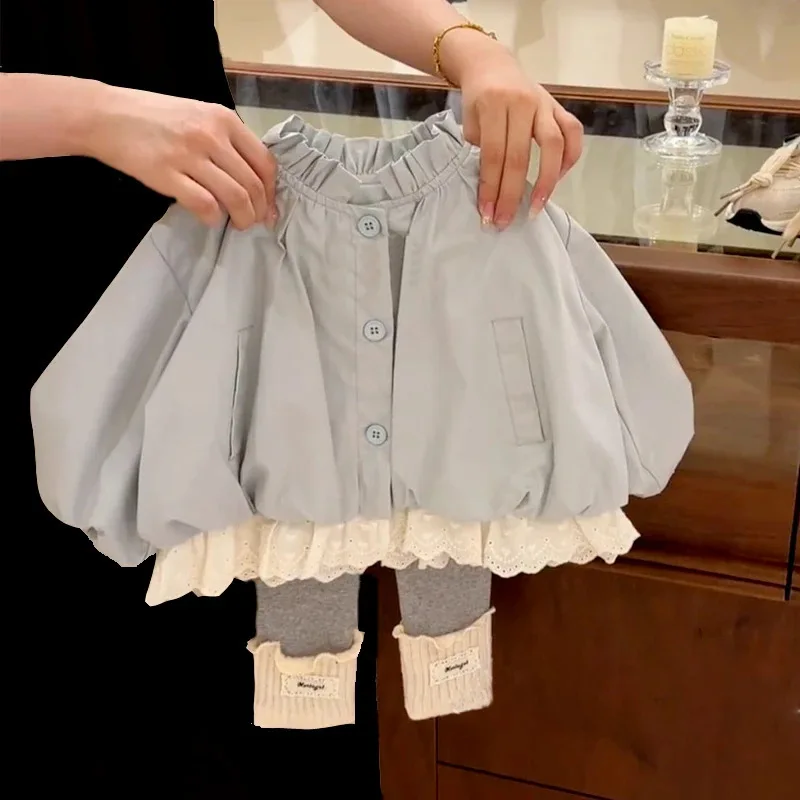 

Милый комплект ветровки из двух предметов для маленьких девочек, кружевной топ с бутоном цветка, леггинсы, осенняя коллекция, стильный и удобный