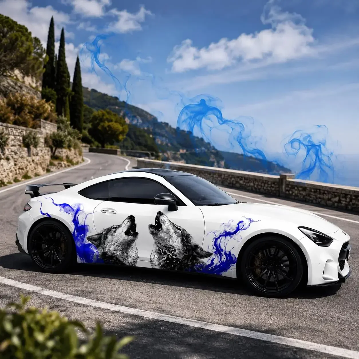 Wolf Car Side Decals 2PCS – Premium Vinyl Blue Flame Car Stickers, Waterproof UV Resistant Auto Body Graphics