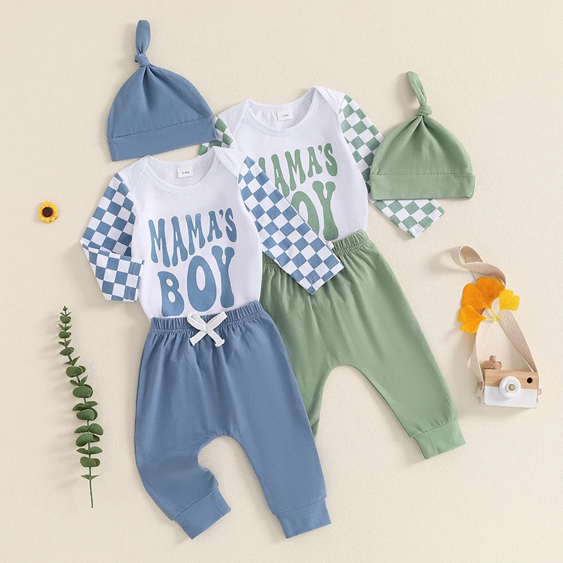 

Newborn Baby Boy 3Pcs Fall Clothes Outfit Long Plaid Sleeve MAMA’S BOY Letter Romper Jumper Drawstring Trouser Hat Checkerboard