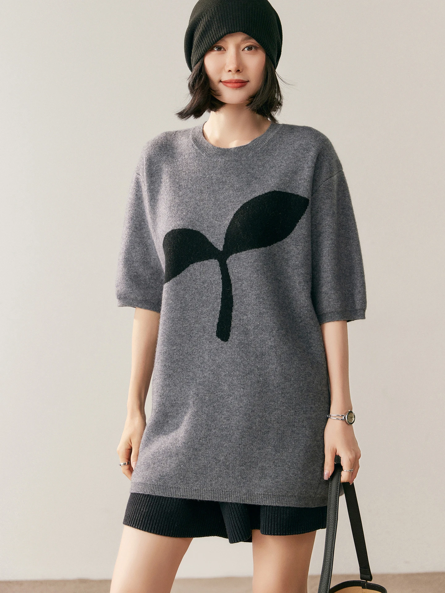 เสื้อสเวตเตอร์แคชเมียร์แท้ 100% สำหรับผู้หญิง คอทรงโอ แขนยาวครึ่งตัว ผ้าแจ็คการ์ด ทรงหลวม ถักนิตติ้ง เนื้อนุ่ม สวมใส่สบาย เหมาะสำหรับฤดูใบไม้ร่วงและฤดูหนาว