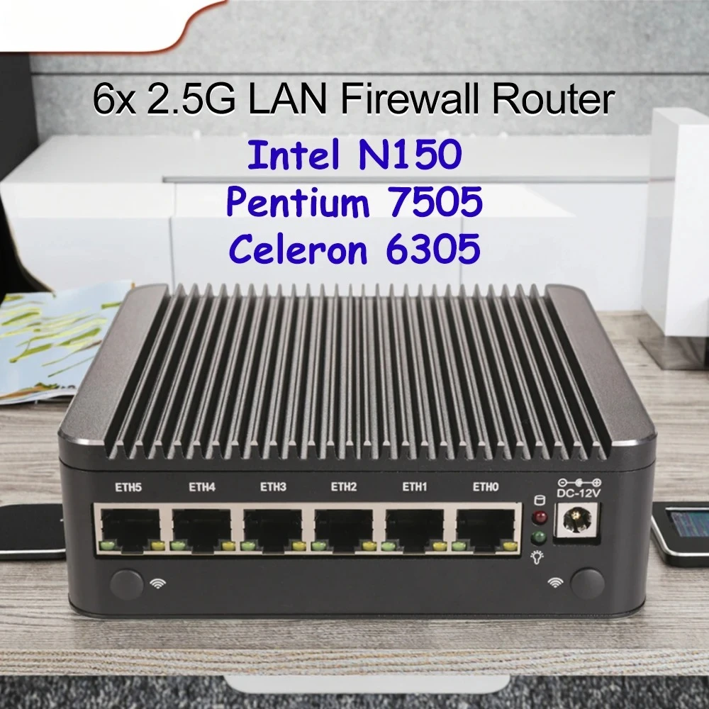 6 LAN Intel N150 Firewall Appliance Mini PC senza ventola, i226-V 2,5G, Pentium 7505/Celeron 6305, pfSense/OPNsense Router Home Server