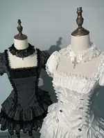 Aesthetic Gothic Skinny Short Sleeve Lolita Dress Women Summer Japanese Square Neck Lace Patchwork One-piece Dresses Female 3