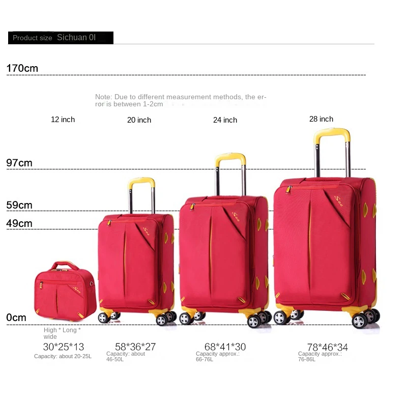 Oxford-Valise de transport avec gril, bagage silencieux, ensemble de grande capacité, rouge, 20 po, 24 po