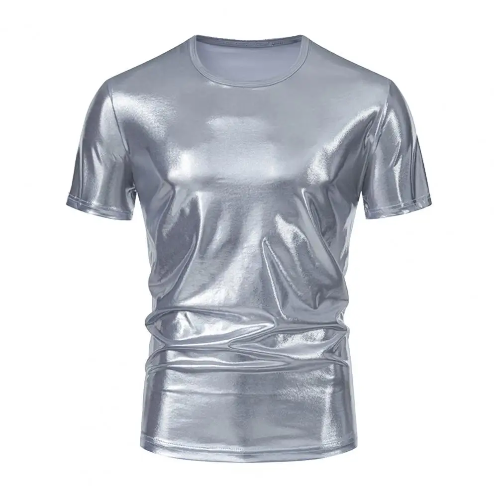 Men's Shiny Glossy Surface Short Sleeve T-shirt Glossy Round Neck Solid Color Tees Tops Rave Party Festival Pole Dance Costume