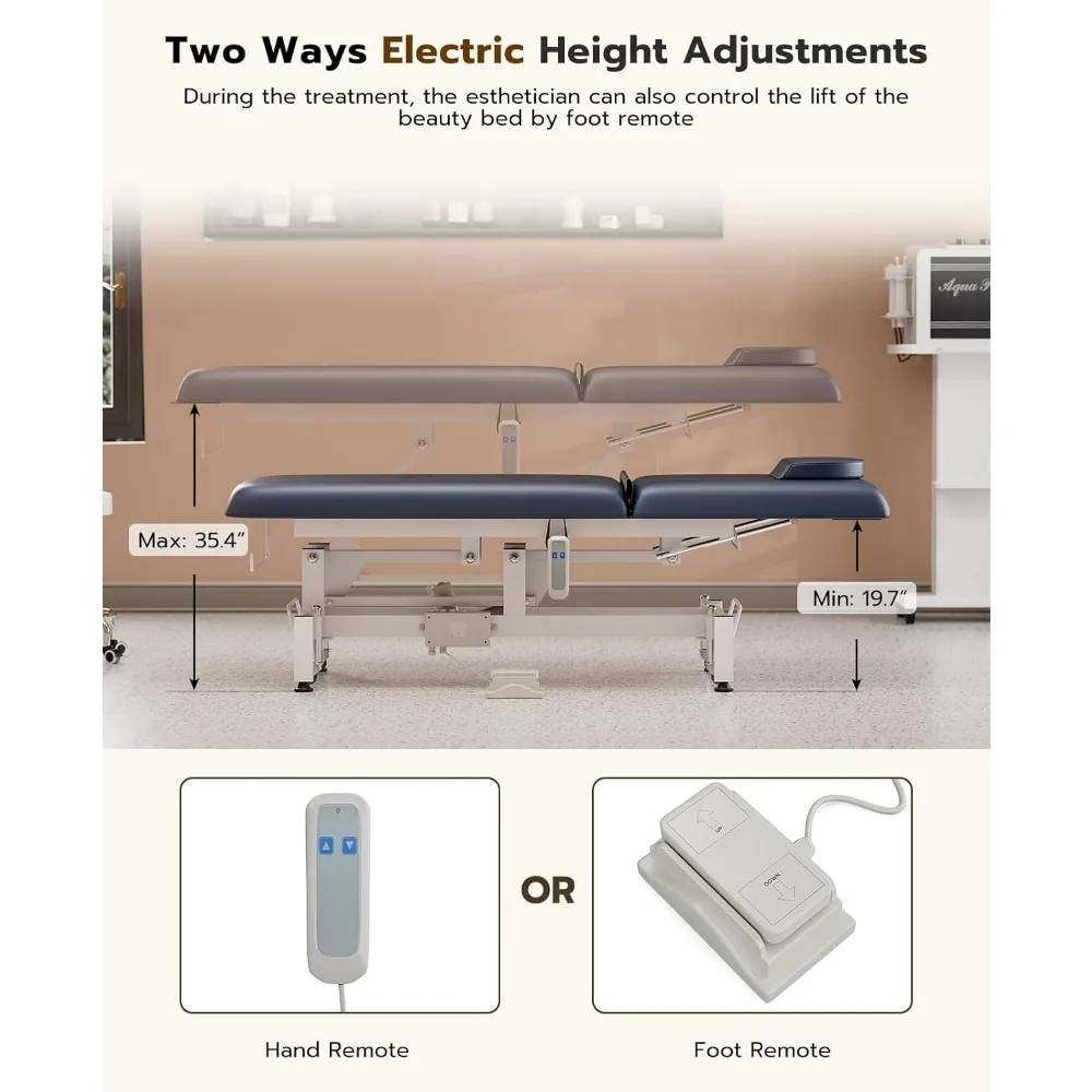 Electric Lift Massage Table Bed and Stool, Spa Facial Treatment Table w/Face Hole, Adjustable Backrest Medical Table Beauty