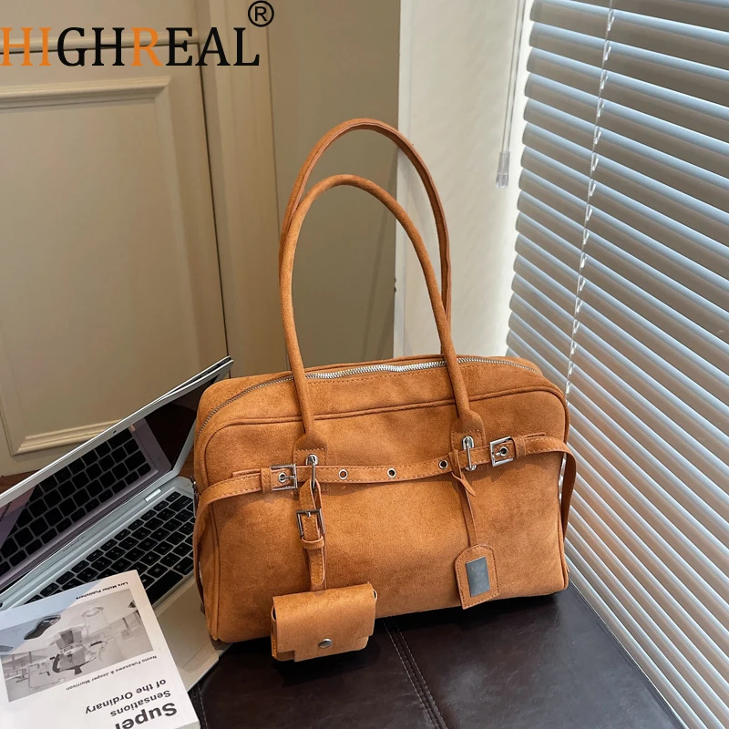 

New Large Capacity Vintage Style Suede Tote Bag With Belt Buckle Closure Soft Cow Leather Shoulder Handbag For Office Use