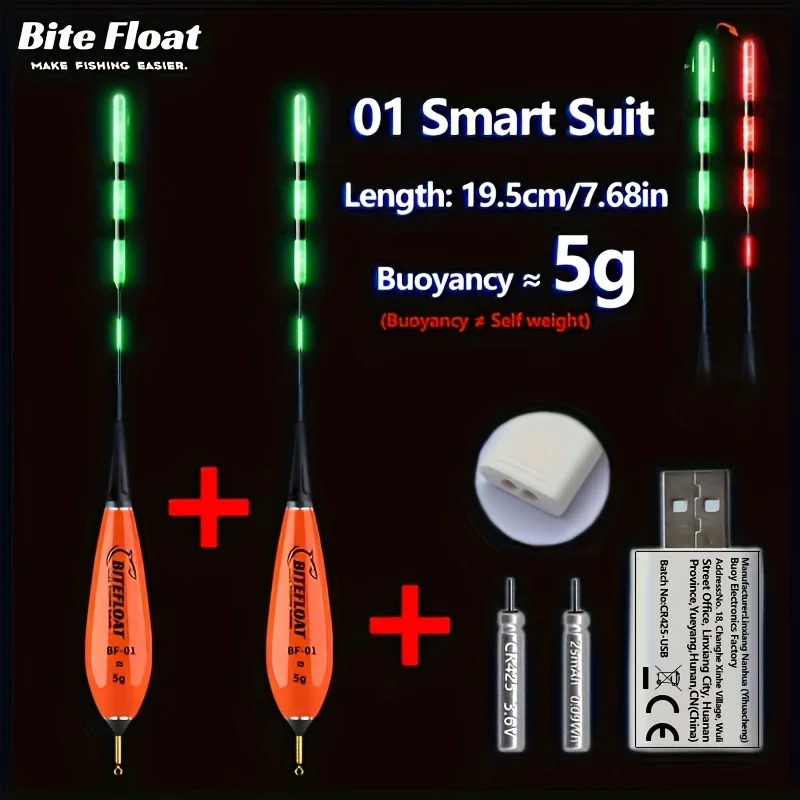 Ensemble de 5 flotteurs électroniques intelligents (2 flotteurs + 2 batteries rechargeables + 1 chargeur) pour la pêche de nuit, kit de changement de hameçon et de charge pour la pêche à la carpe