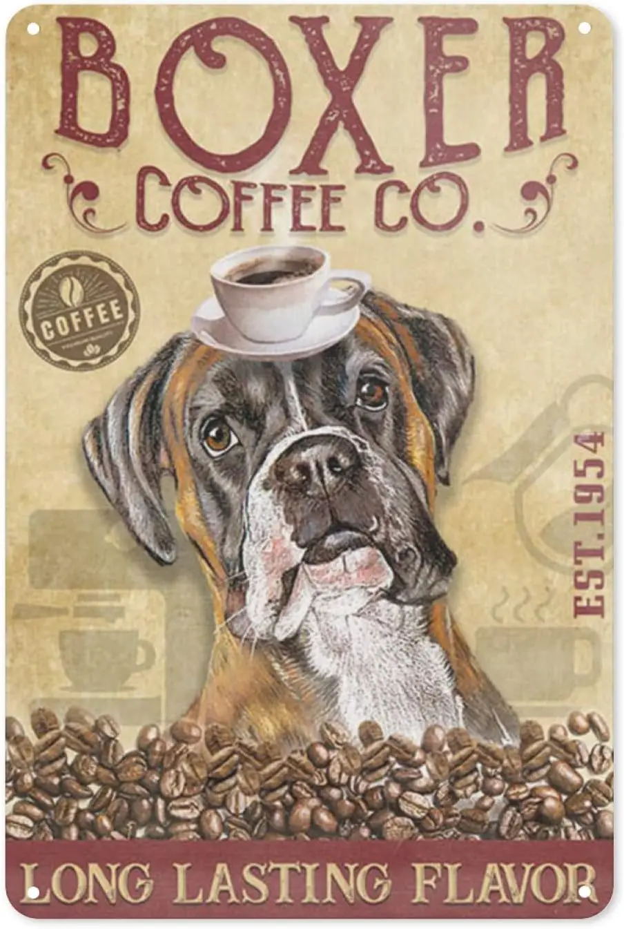 Letrero de metal: cartel de perro café Boxer de sabor duradero, letreros de metal, decoración artística de pared para decoración del hogar, oficina y cabaña de granja