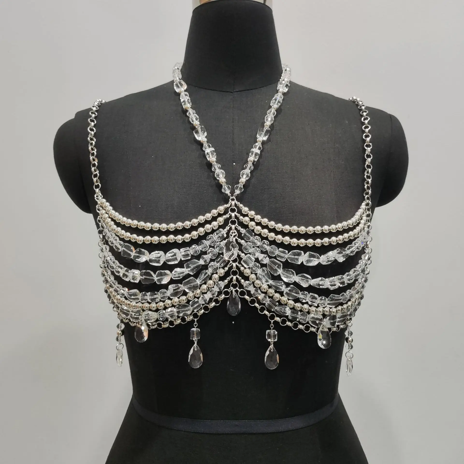 2025 Handmade Music Festival Outfits Bralette Chains See-Though Pearl Vest Jewelry Body Harness Coquette Crystal Halter Top