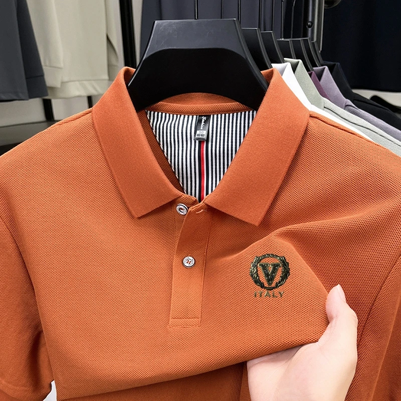 

V Letter Print Men's 100Cotton Lapel Polo Shirt Summer New Arrival Solid Color Breathable High-End Fashion Business Men's Wear