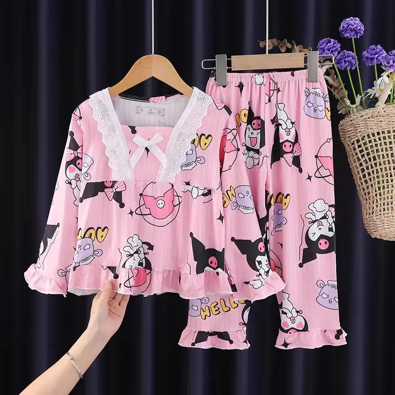 Sanrio Girls Pajamas, Pajamas, Summer New Ice Silk Long-Sleeved Lapels, Cute Suits, Home Clothes, Cartoon Kuromi Clothing Gifts