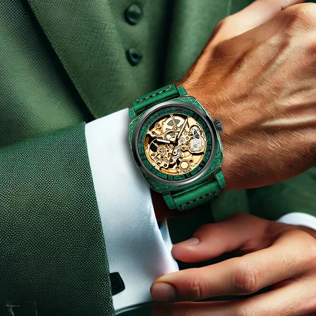 Close-up of skeleton dial and mechanical details