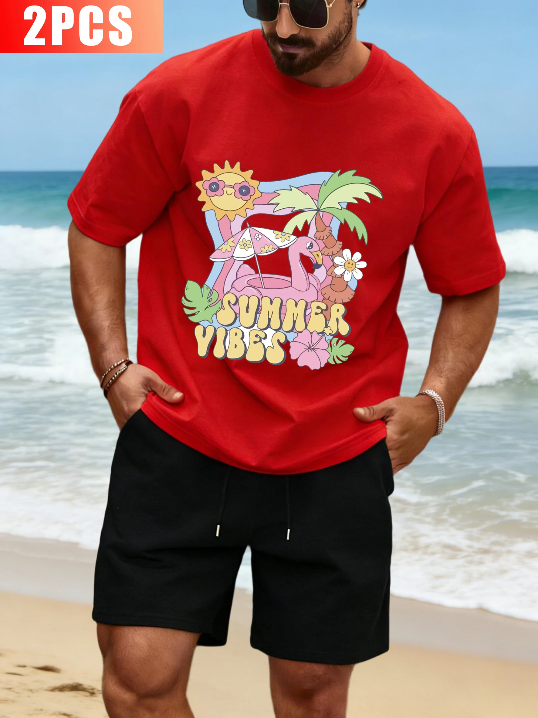 

Summer Vibes Printing Men T Shirts Suit Cotton O-Neck T-Shirt Soft Drawstring Wide-Leg Shorts Unisex Casual Fashion Clothing